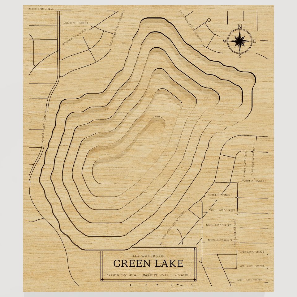 Green Lake 3D wood map, front view