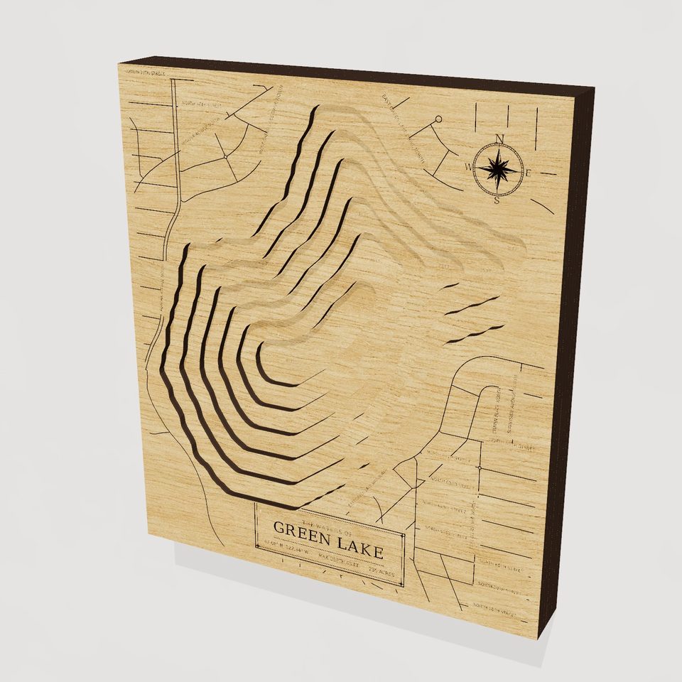 Green Lake 3D wood map, hero view