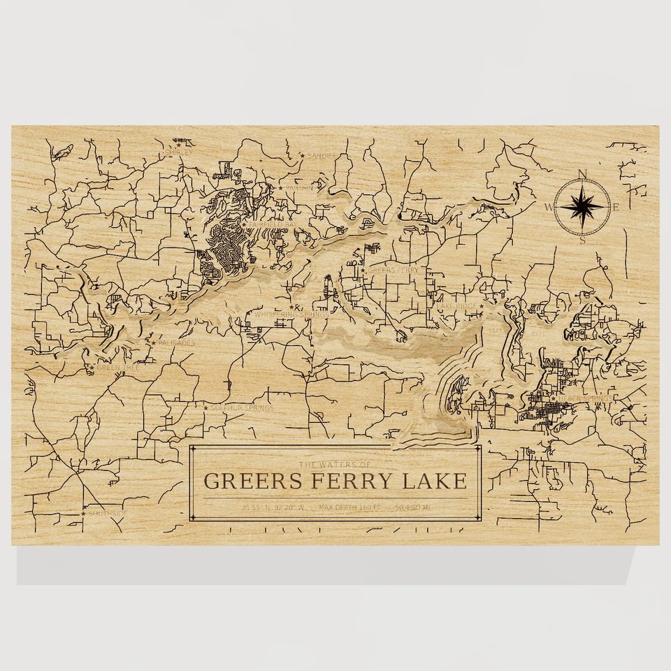 Greers Ferry Lake 3D wood map, front view