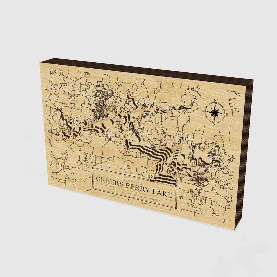 Greers Ferry Lake 3D wood map, hero view