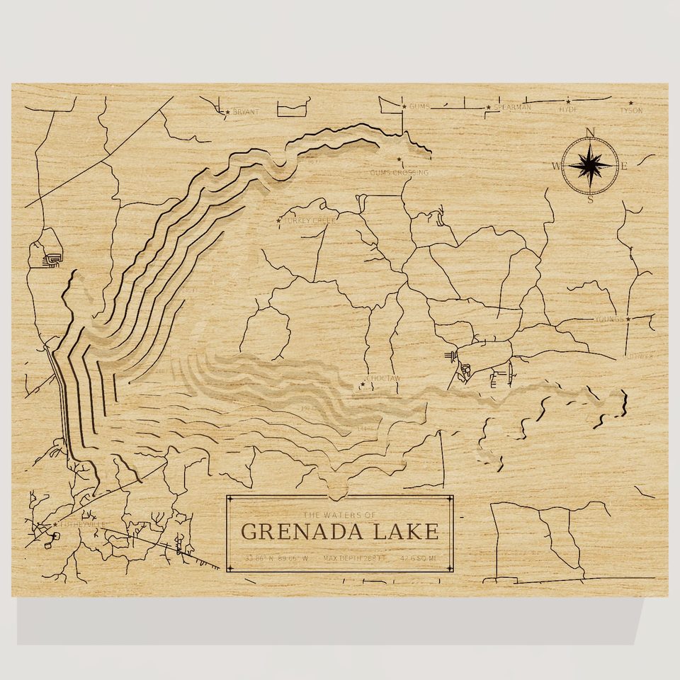 Grenada Lake 3D wood map, front view