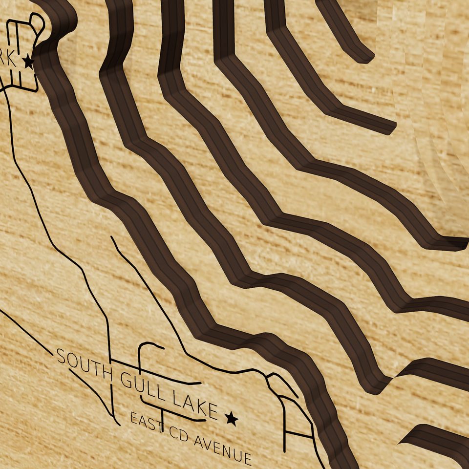 Gull Lake 3D wood map, detail view