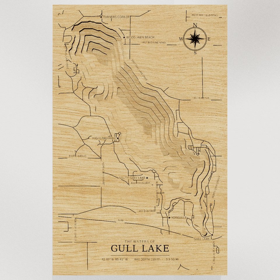 Gull Lake 3D wood map, front view