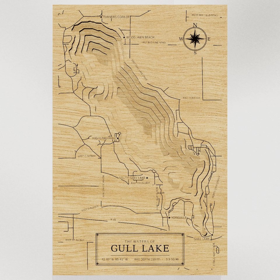 Gull Lake 3D wood map, front view