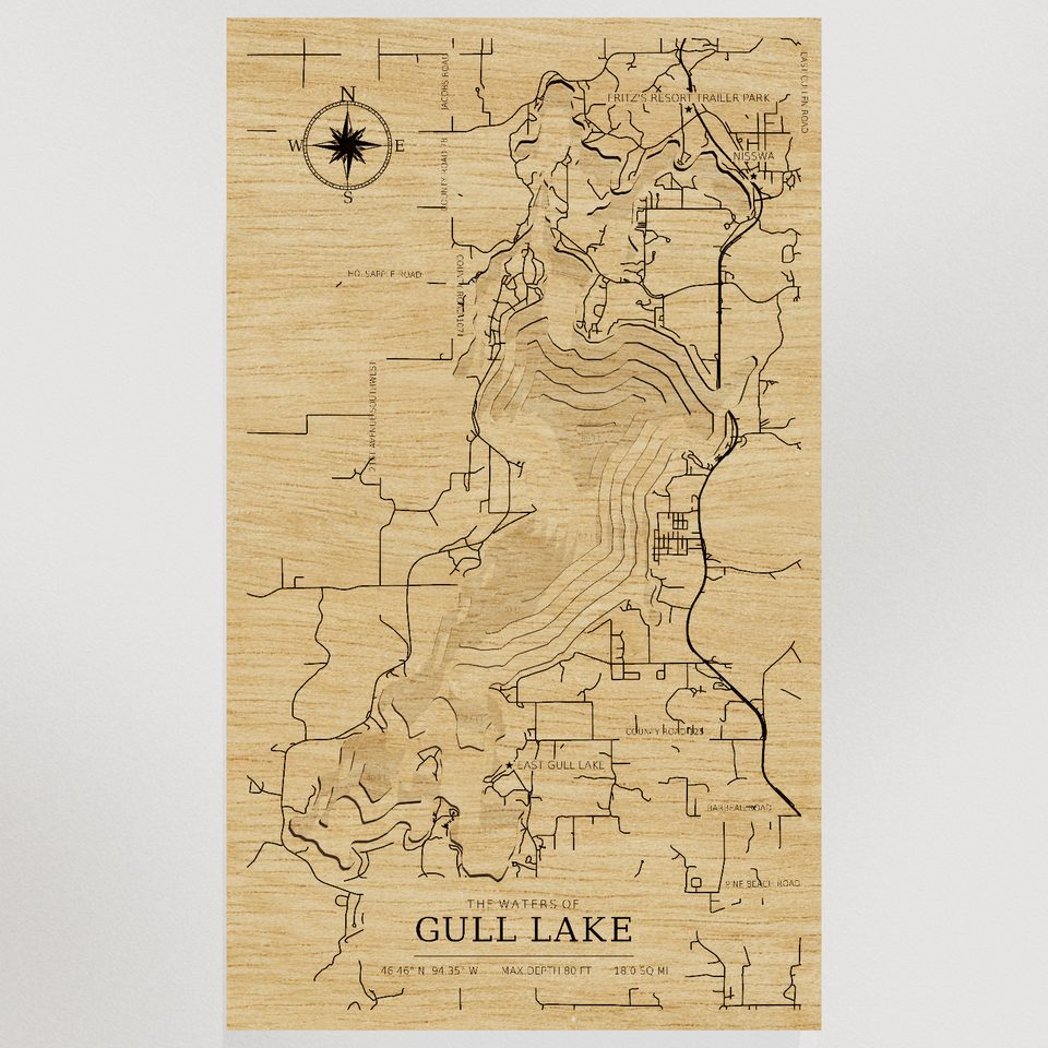 Gull Lake 3D wood map, front view