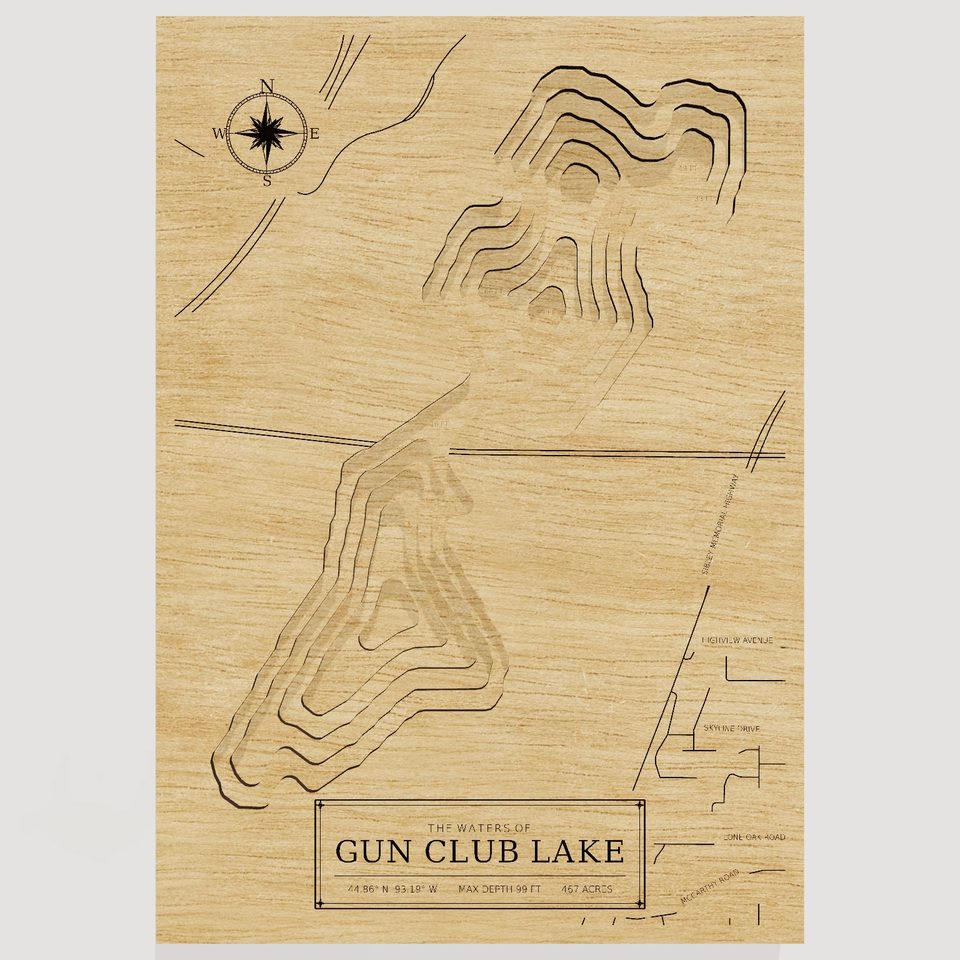 Gun Club Lake 3D wood map, front view