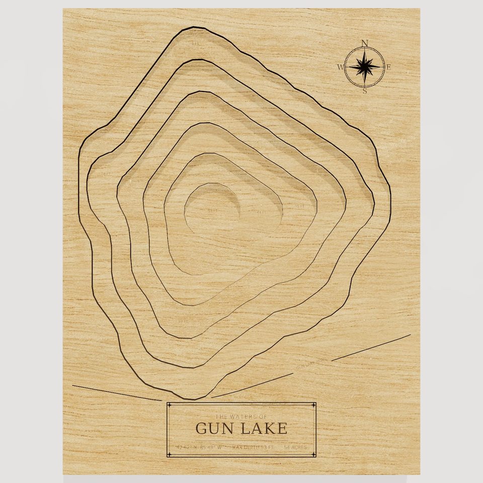 Gun Lake 3D wood map, front view