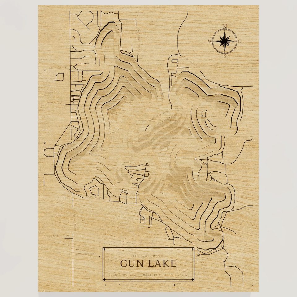 Gun Lake 3D wood map, front view