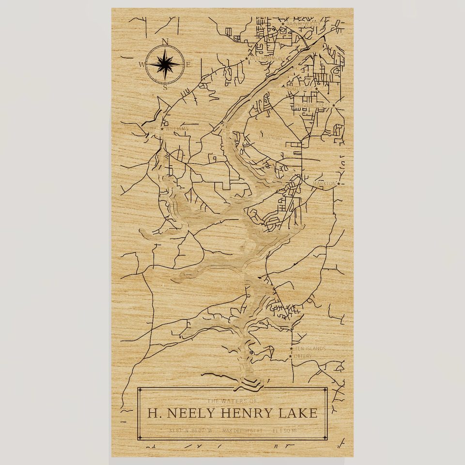 H. Neely Henry Lake 3D wood map, front view