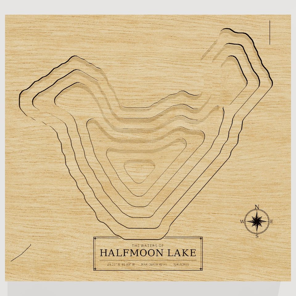 Halfmoon Lake 3D wood map, front view
