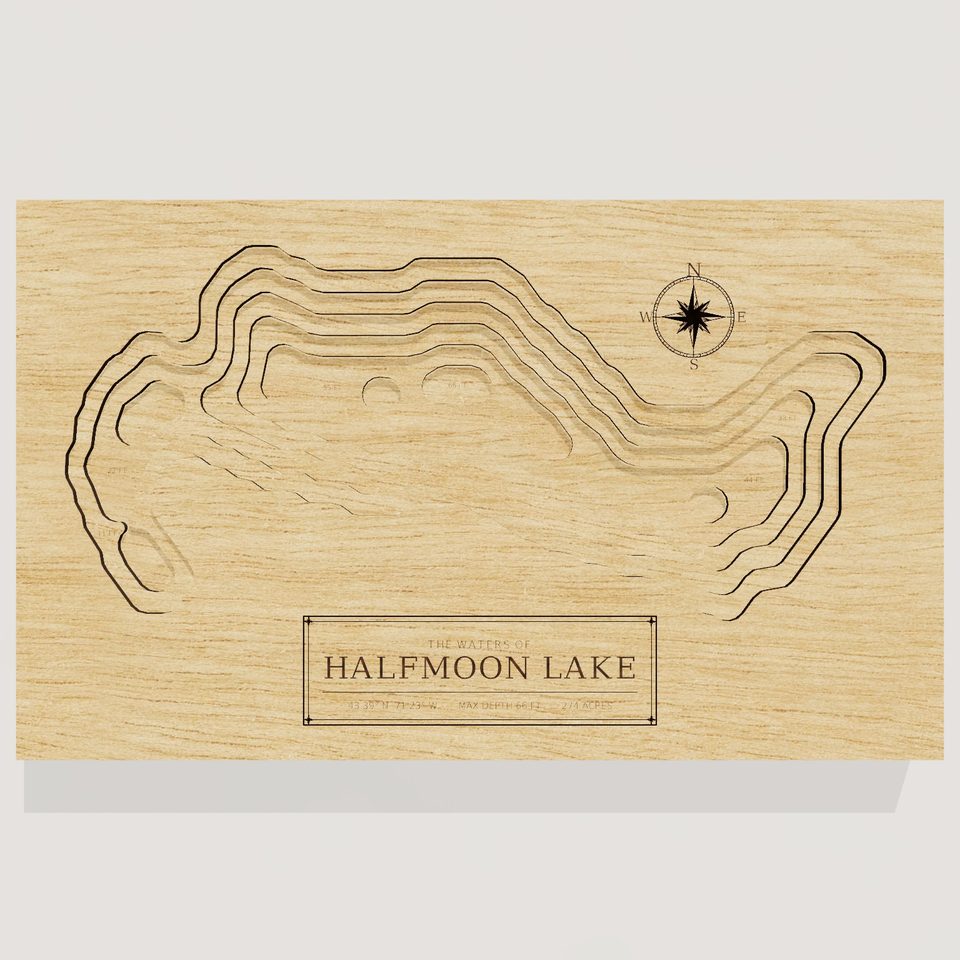 Halfmoon Lake 3D wood map, front view