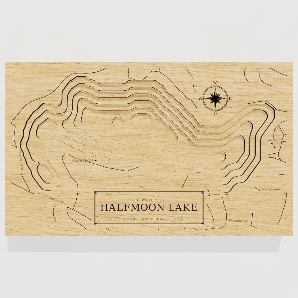 Halfmoon Lake 3D wood map, front view