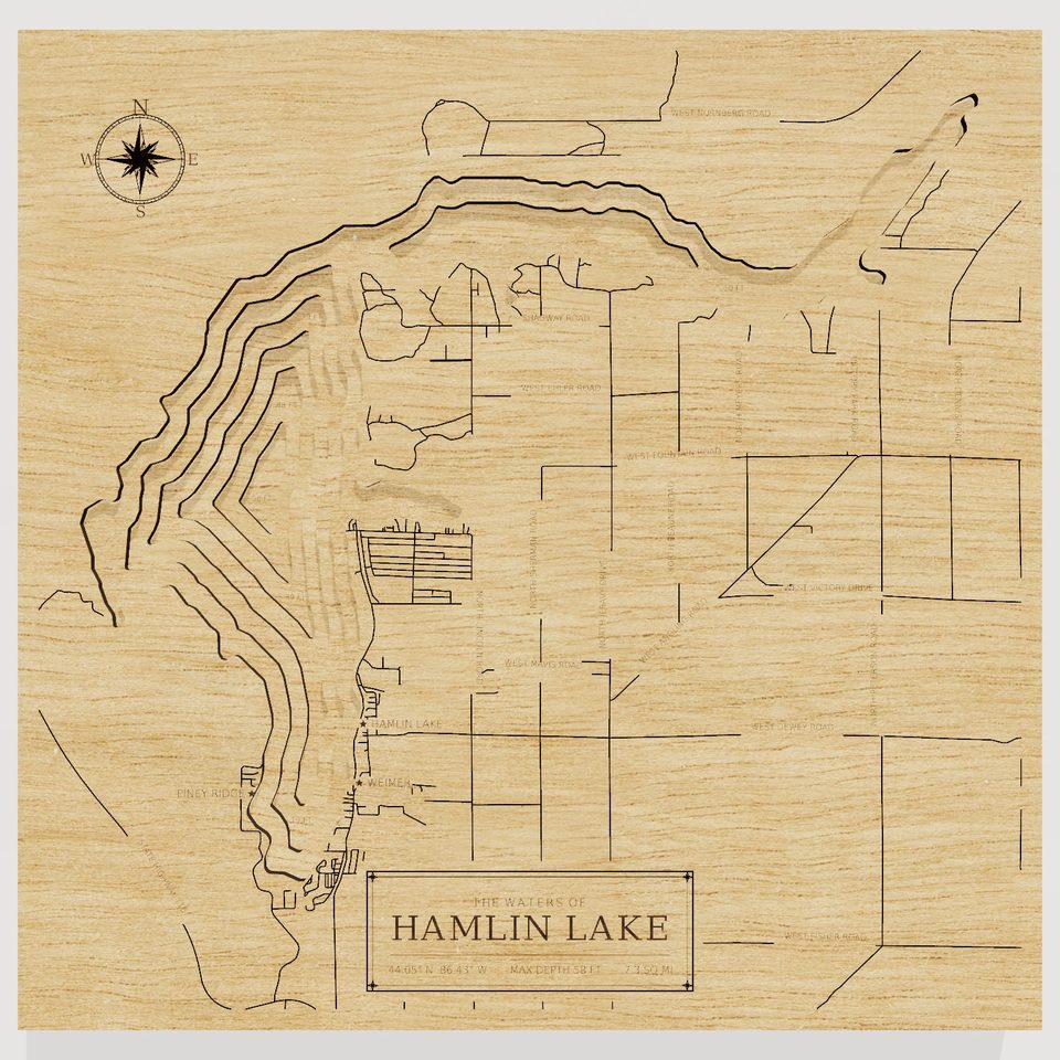 Hamlin Lake 3D wood map, front view