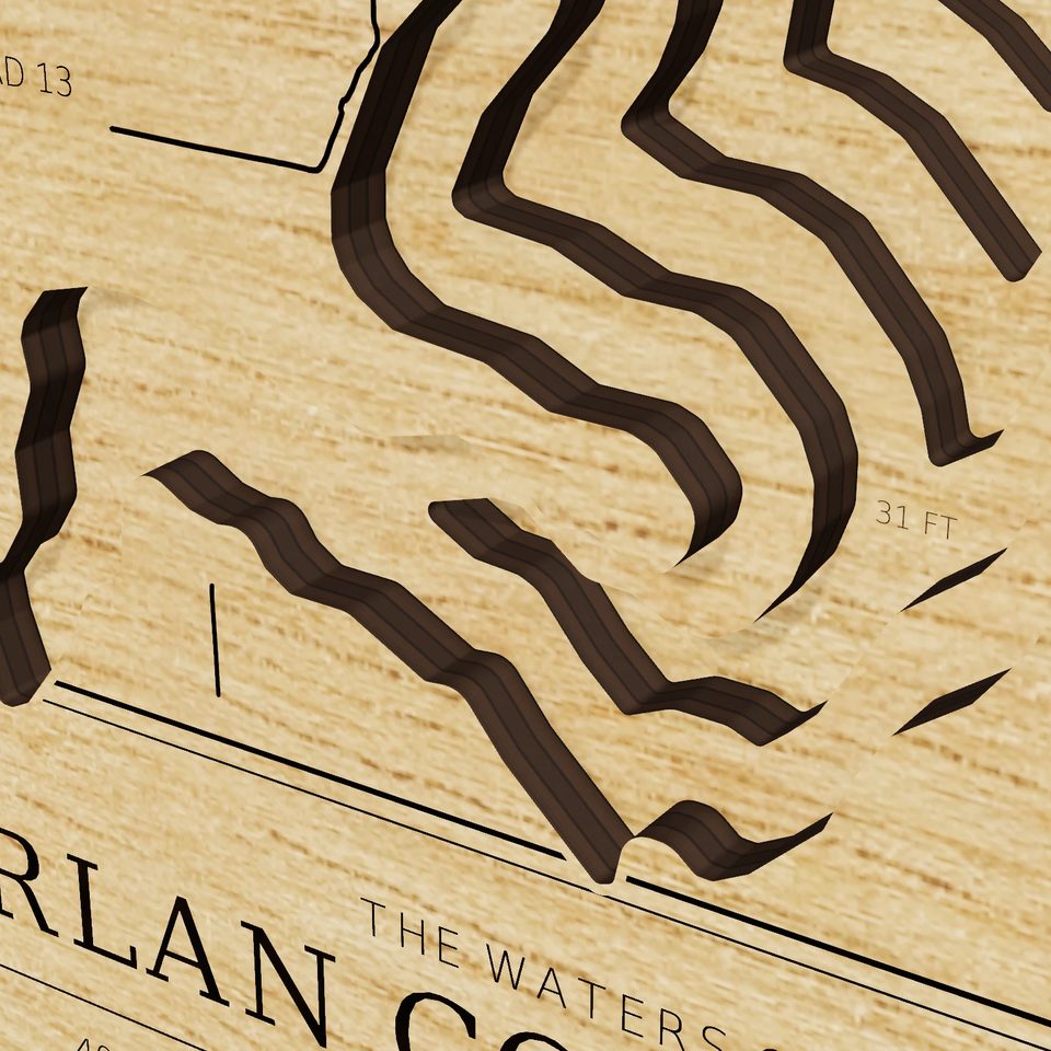 Harlan County Lake 3D wood map, detail view