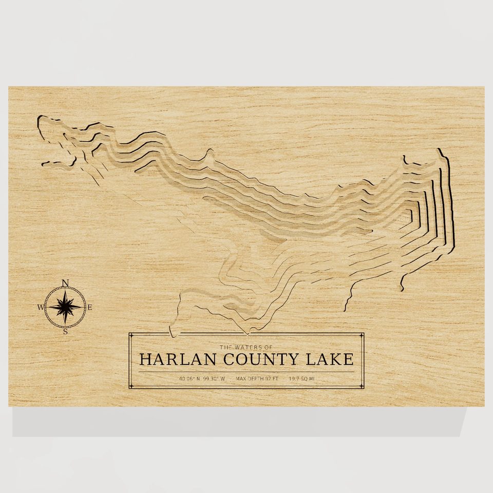 Harlan County Lake 3D wood map, front view