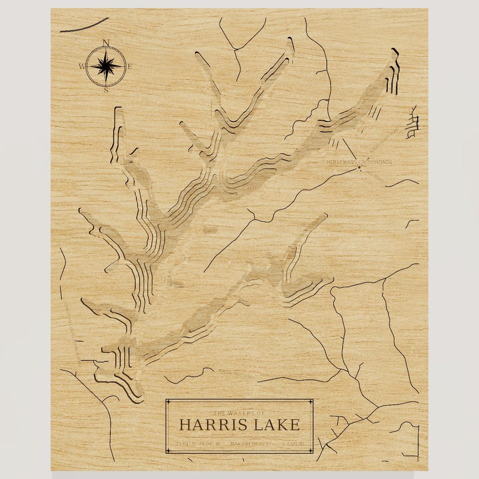 Harris Lake 3D wood map, front view