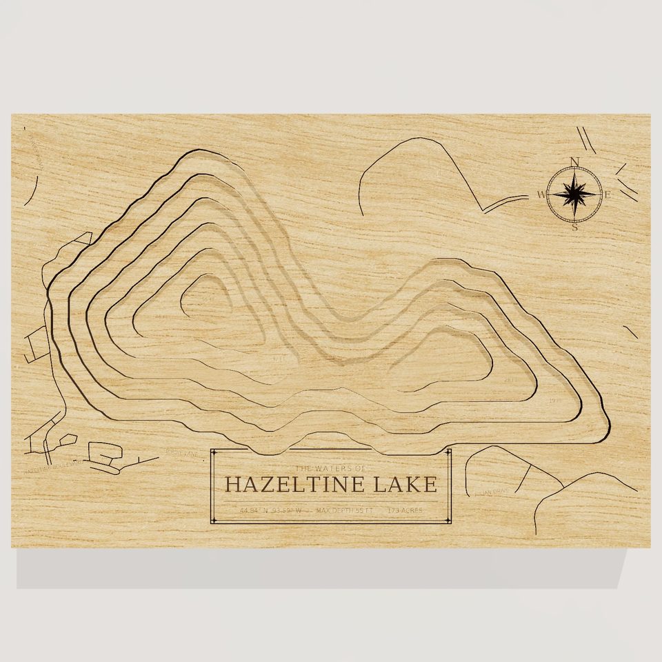 Hazeltine Lake 3D wood map, front view