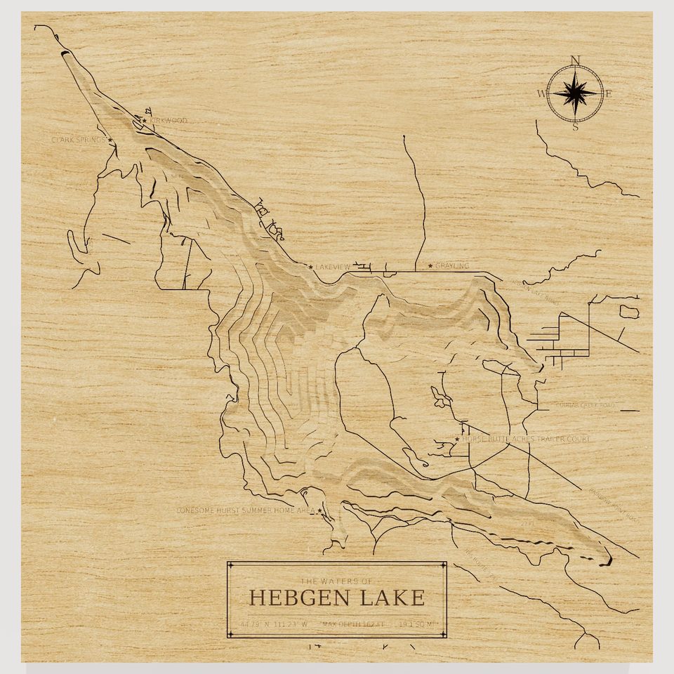 Hebgen Lake 3D wood map, front view