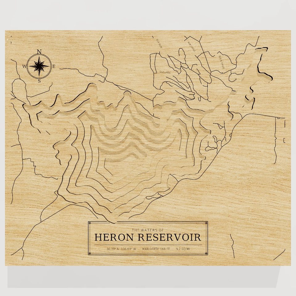 Heron Reservoir 3D wood map, front view