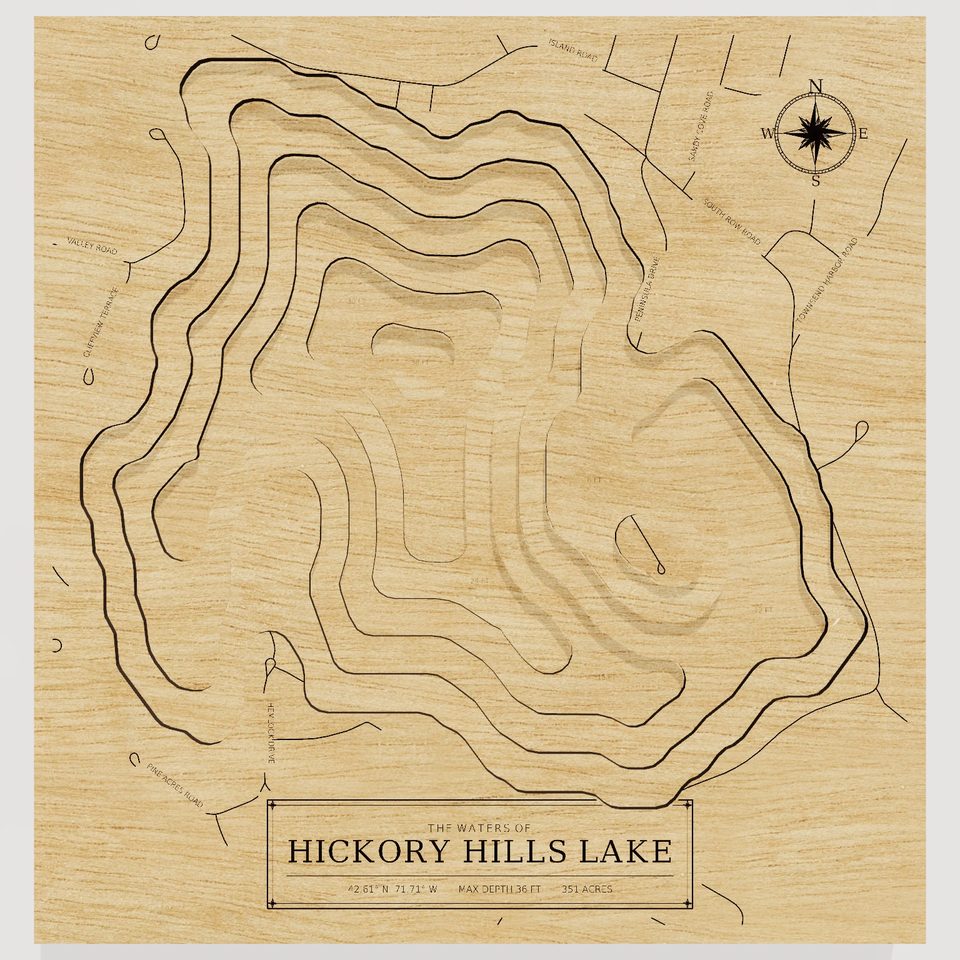 Hickory Hills Lake 3D wood map, front view