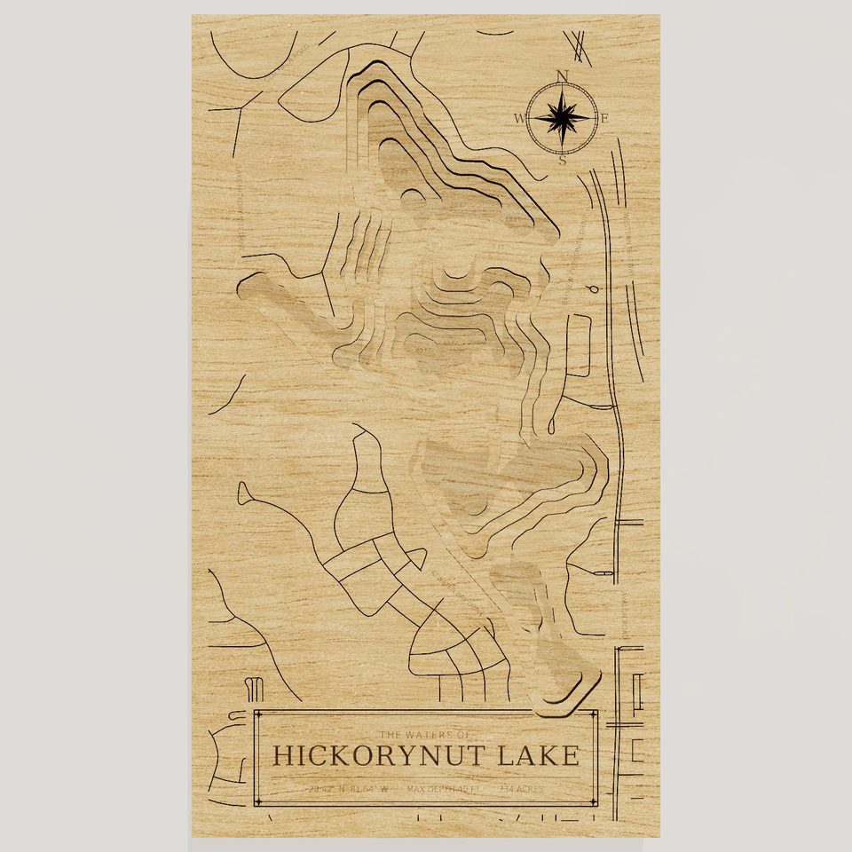 Hickorynut Lake 3D wood map, front view