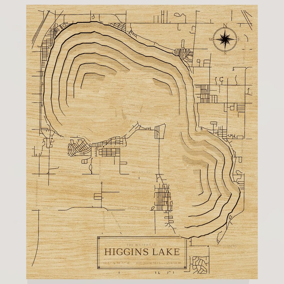 Higgins Lake 3D wood map, front view