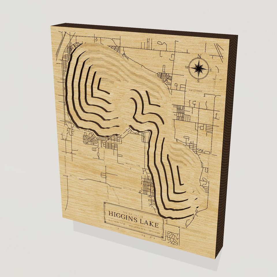 Higgins Lake 3D wood map, hero view