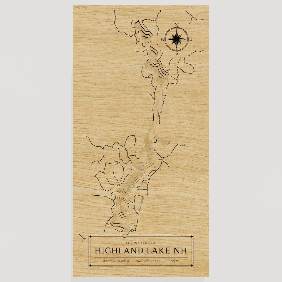 Highland Lake 3D wood map, front view