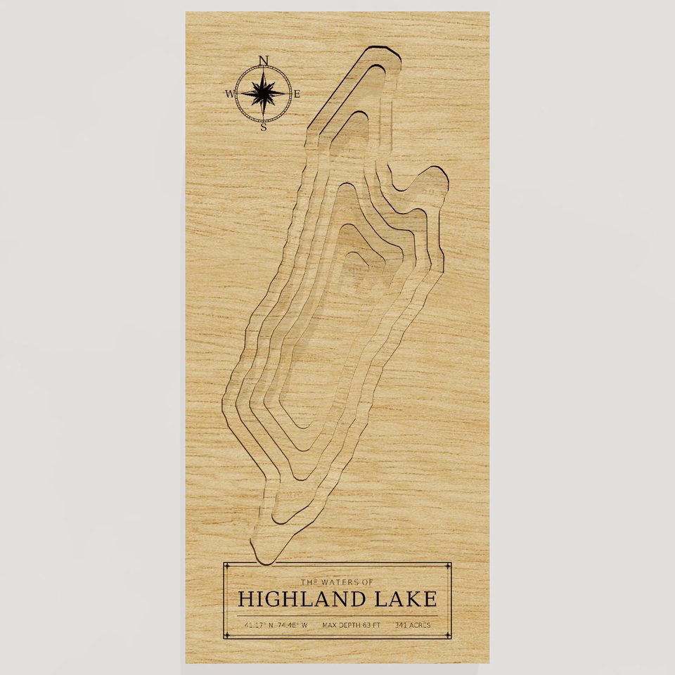 Highland Lake 3D wood map, front view