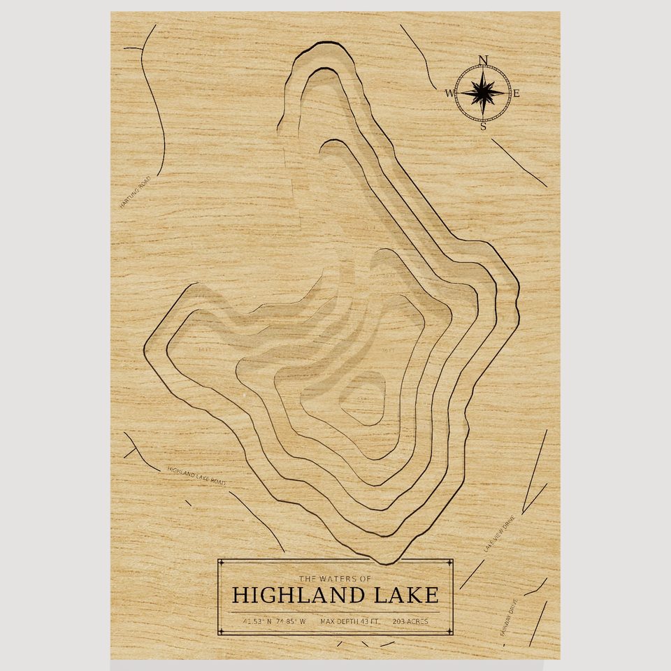 Highland Lake 3D wood map, front view