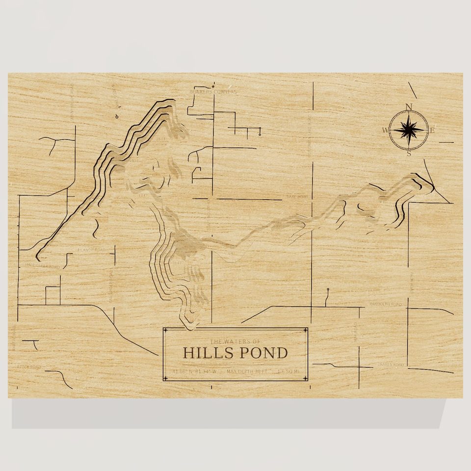 Hills Pond 3D wood map, front view
