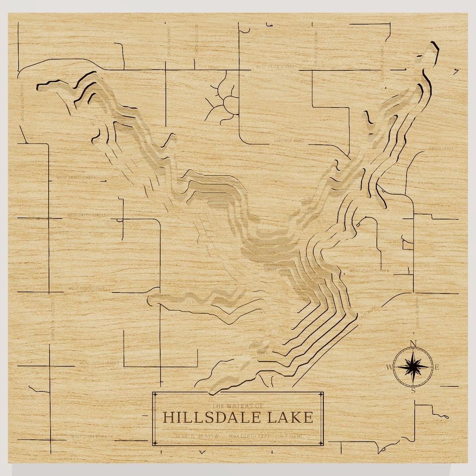 Hillsdale Lake 3D wood map, front view
