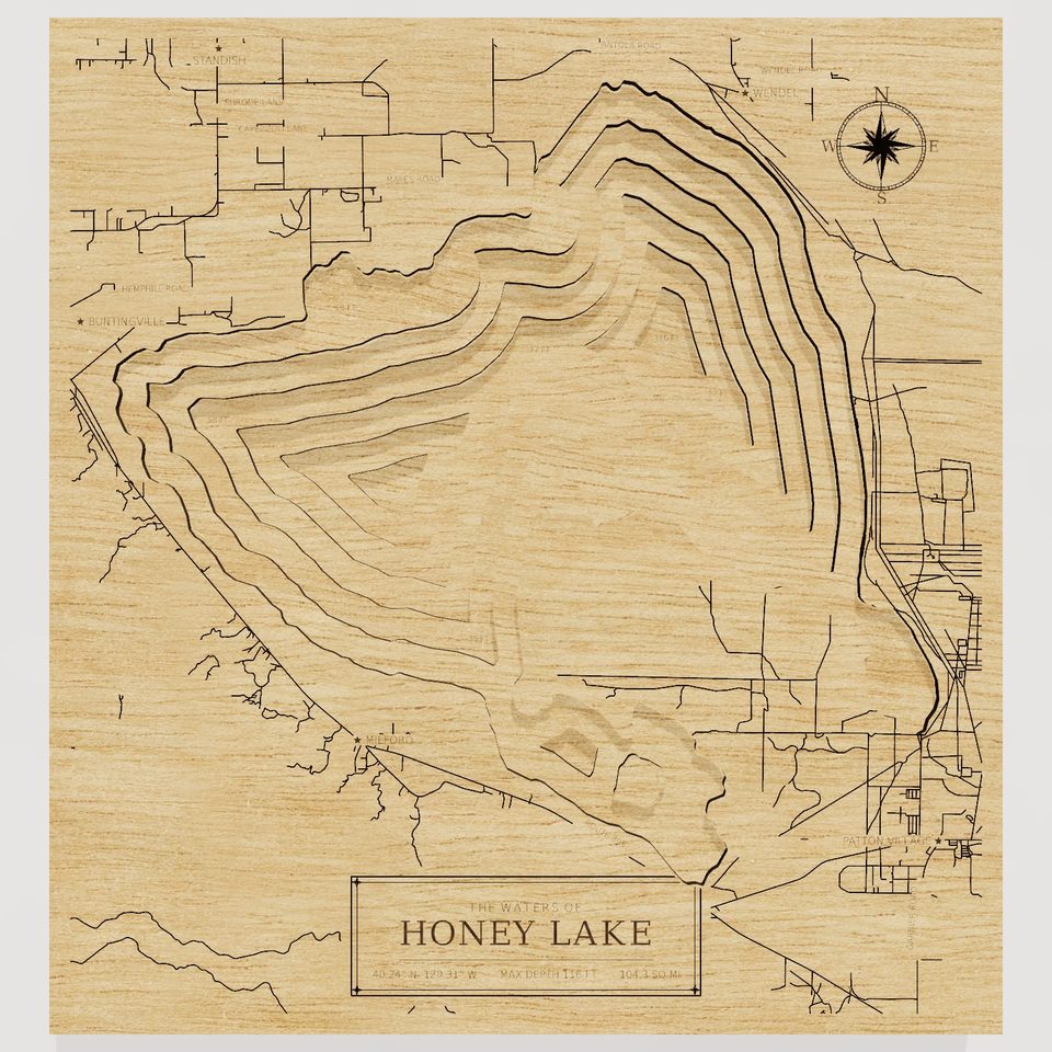 Honey Lake 3D wood map, front view