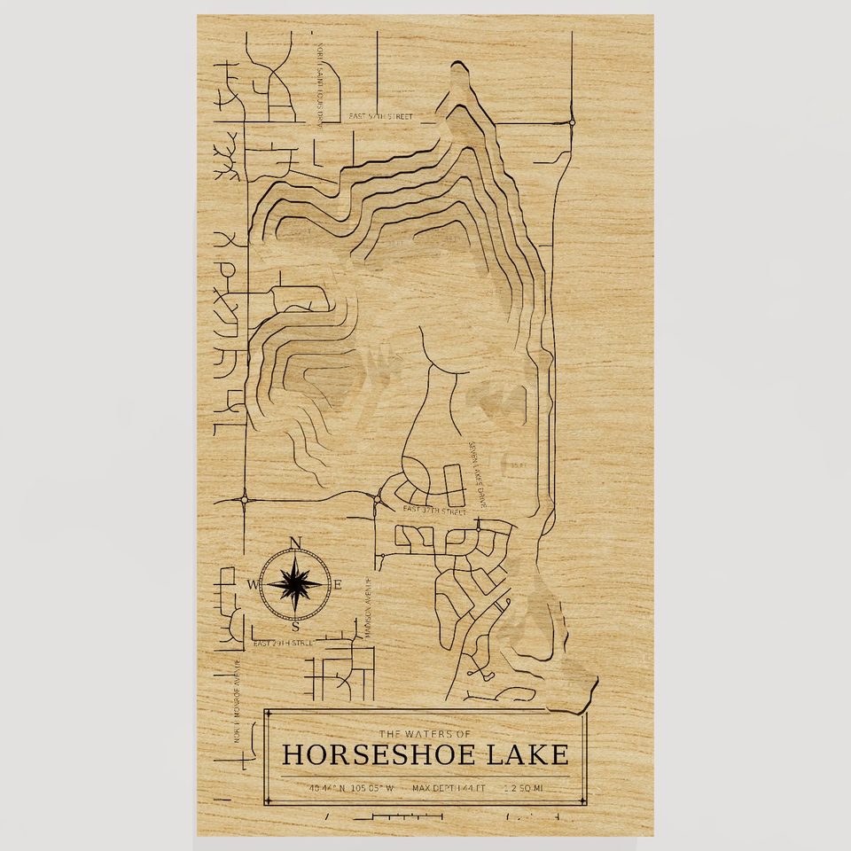 Horseshoe Lake 3D wood map, front view