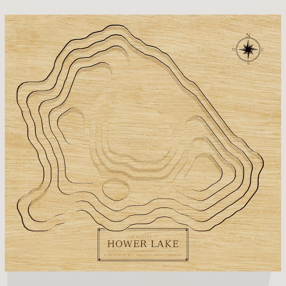 Hower Lake 3D wood map, front view
