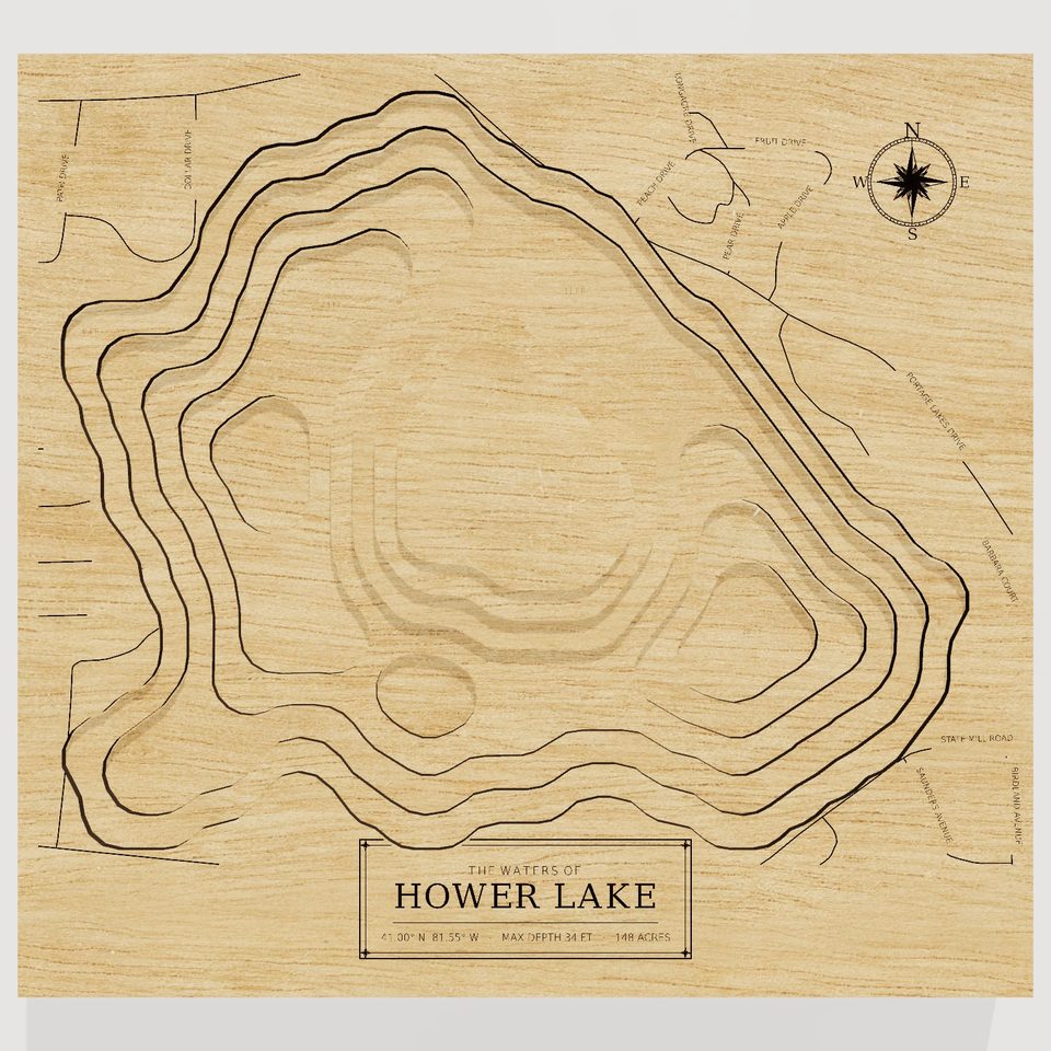 Hower Lake 3D wood map, front view