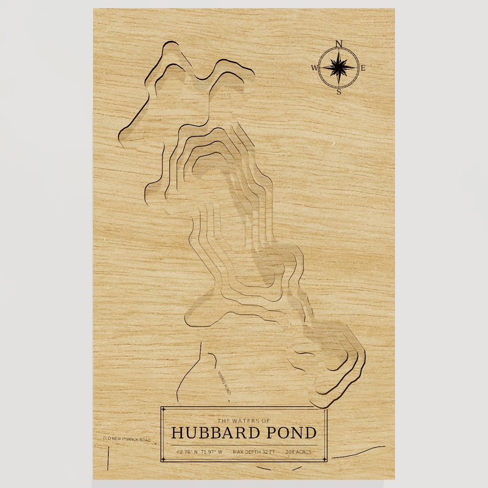 Hubbard Pond 3D wood map, front view
