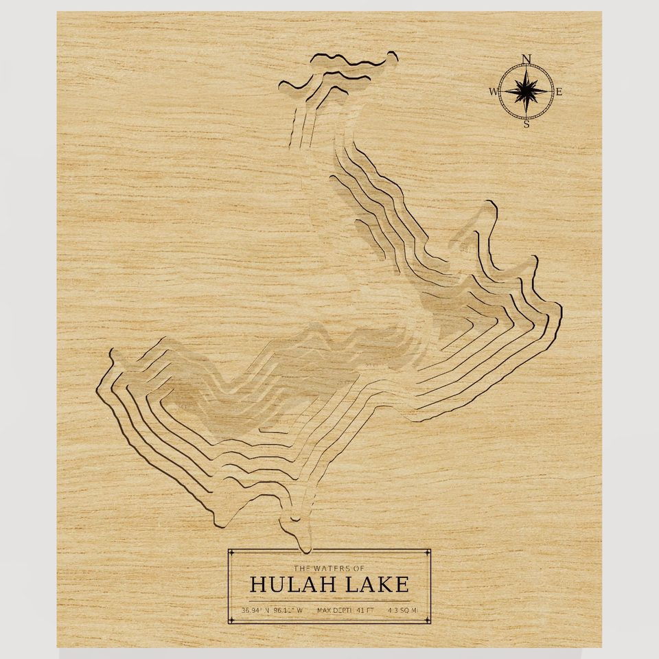Hulah Lake 3D wood map, front view