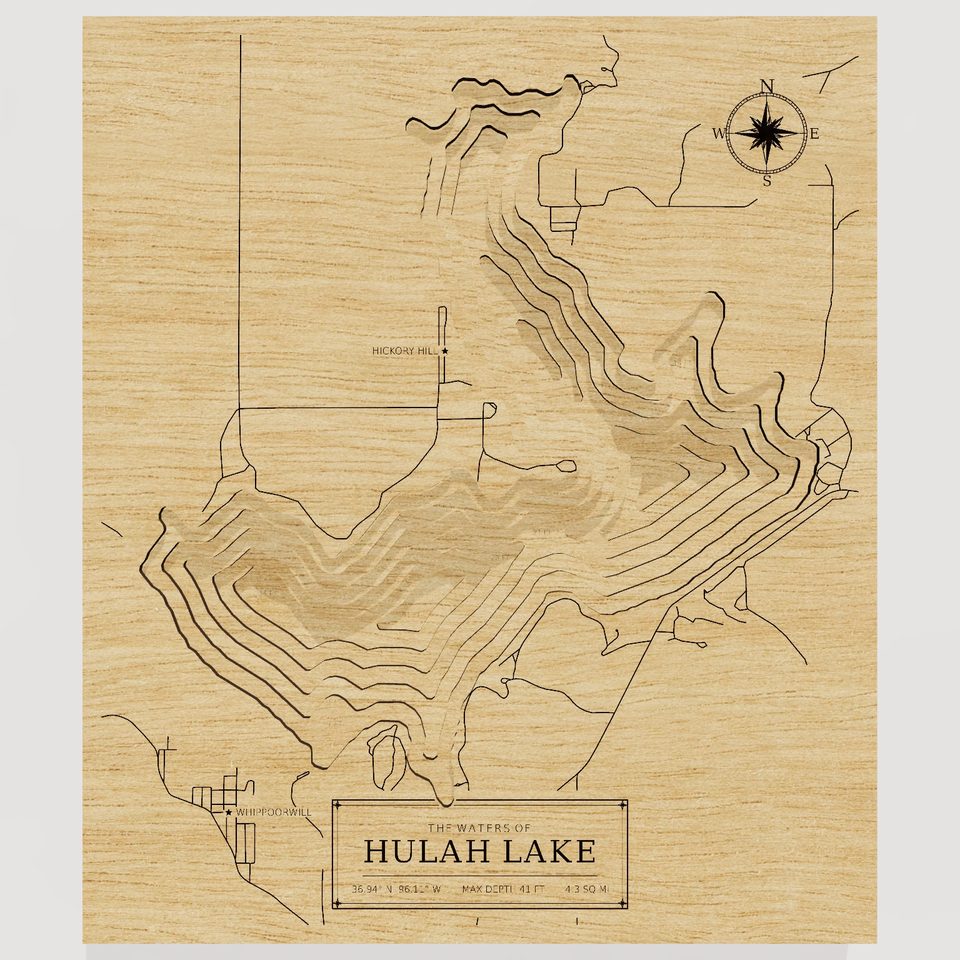 Hulah Lake 3D wood map, front view