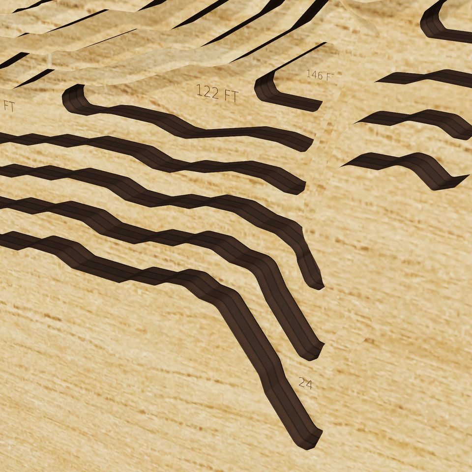 Huntington Lake 3D wood map, detail view