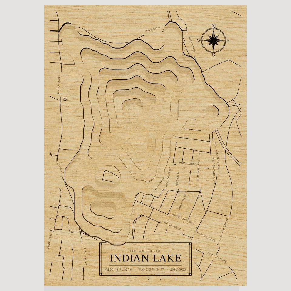 Indian Lake 3D wood map, front view