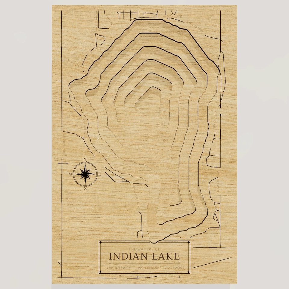 Indian Lake 3D wood map, front view