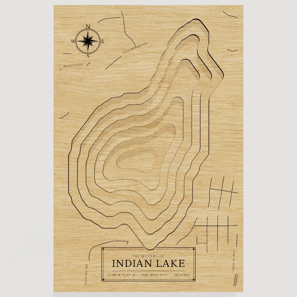 Indian Lake 3D wood map, front view