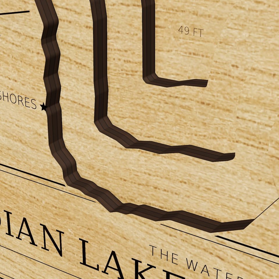 Indian Lake Schoolcraft 3D wood map, detail view