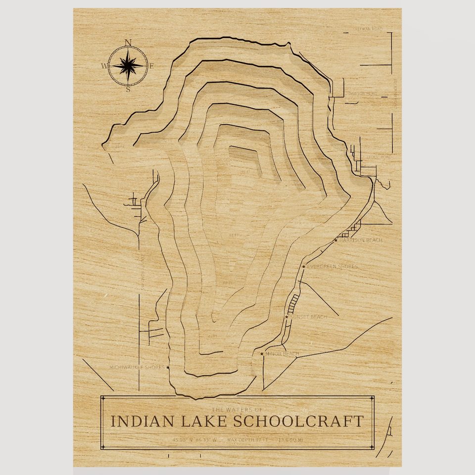 Indian Lake Schoolcraft 3D wood map, front view