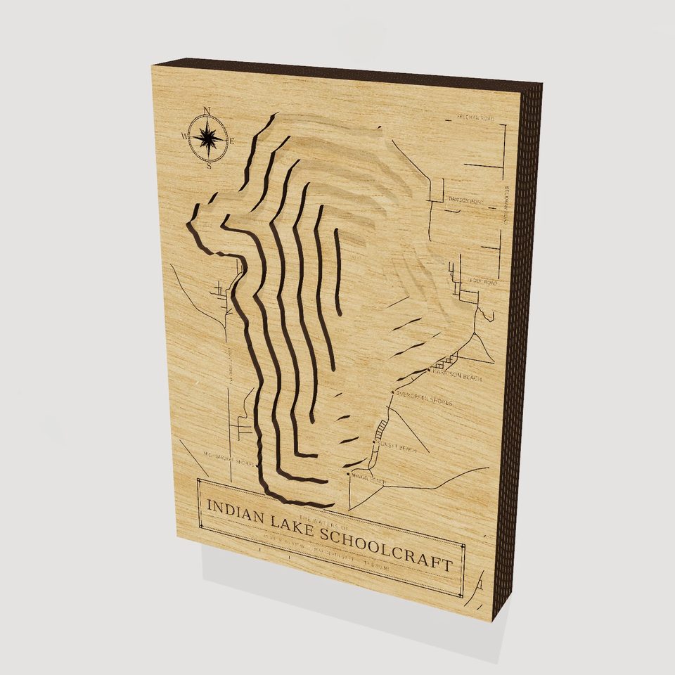 Indian Lake Schoolcraft 3D wood map, hero view