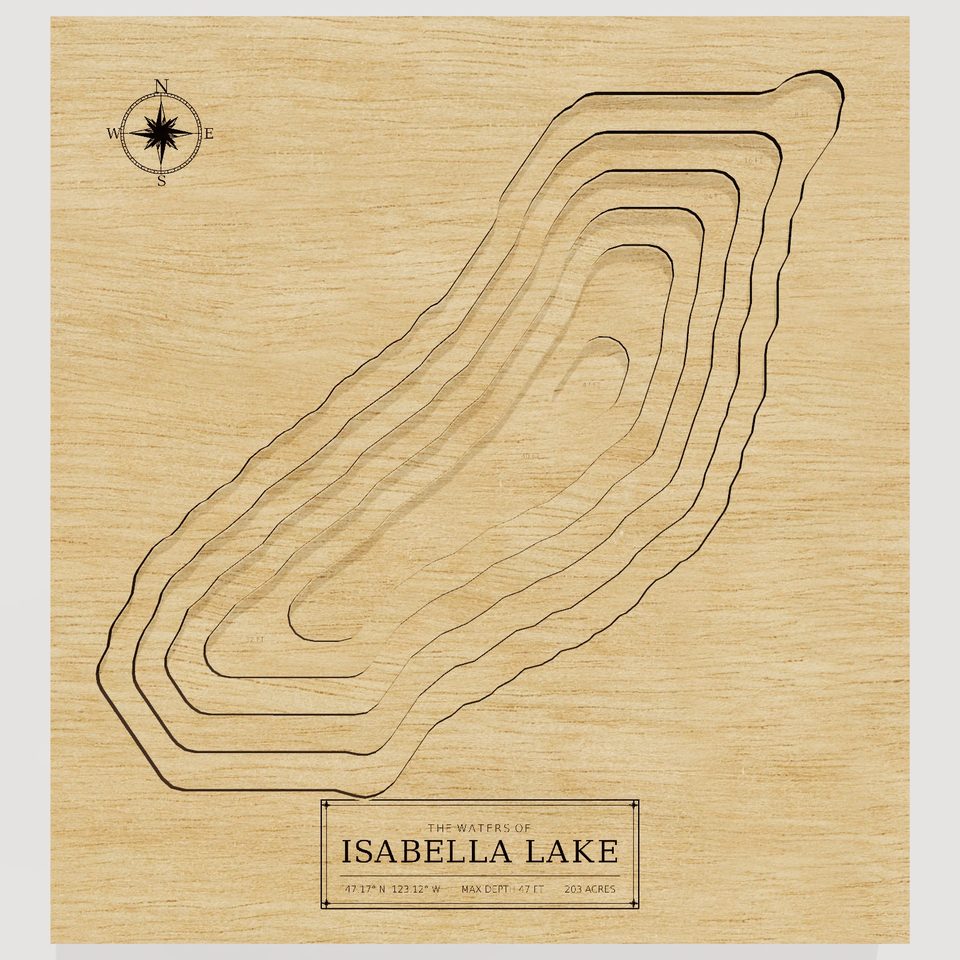 Isabella Lake 3D wood map, front view