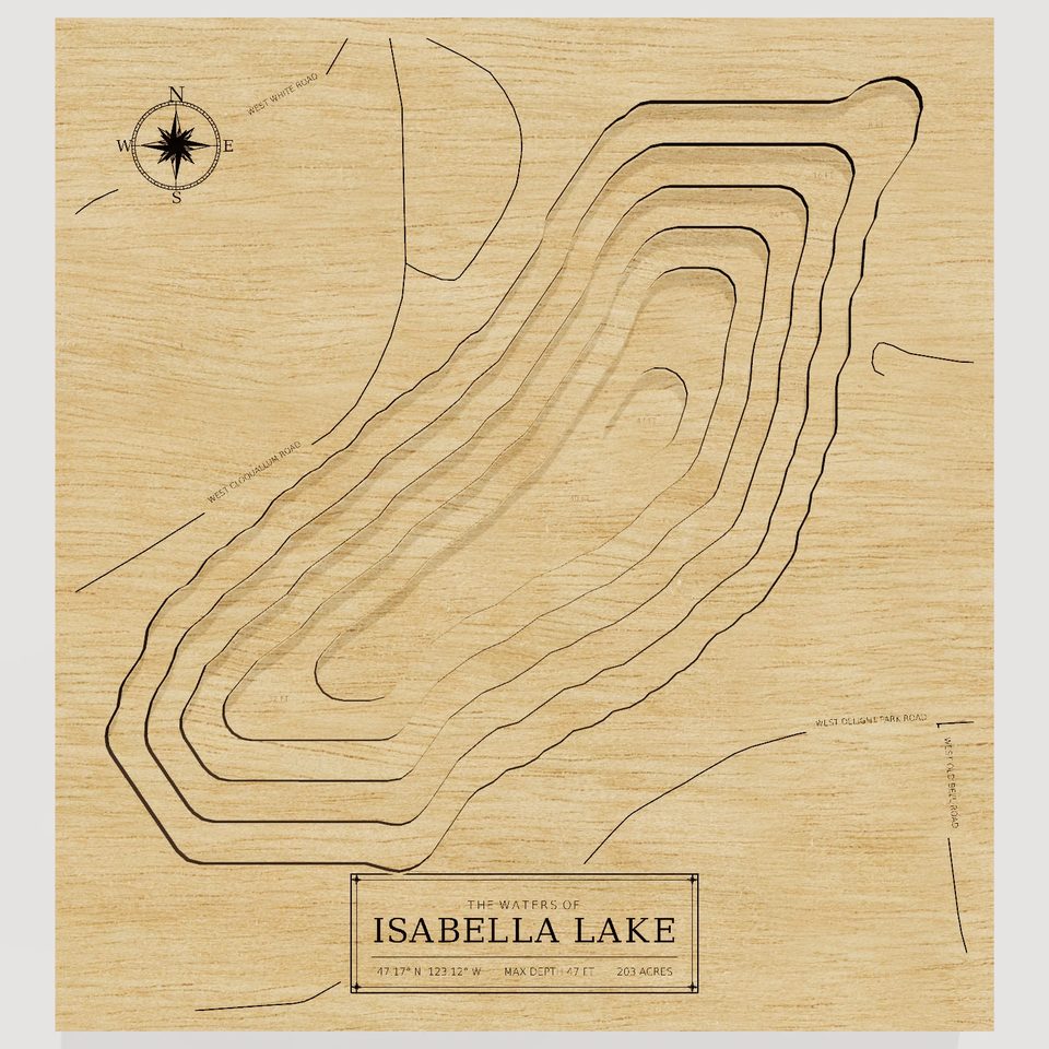 Isabella Lake 3D wood map, front view