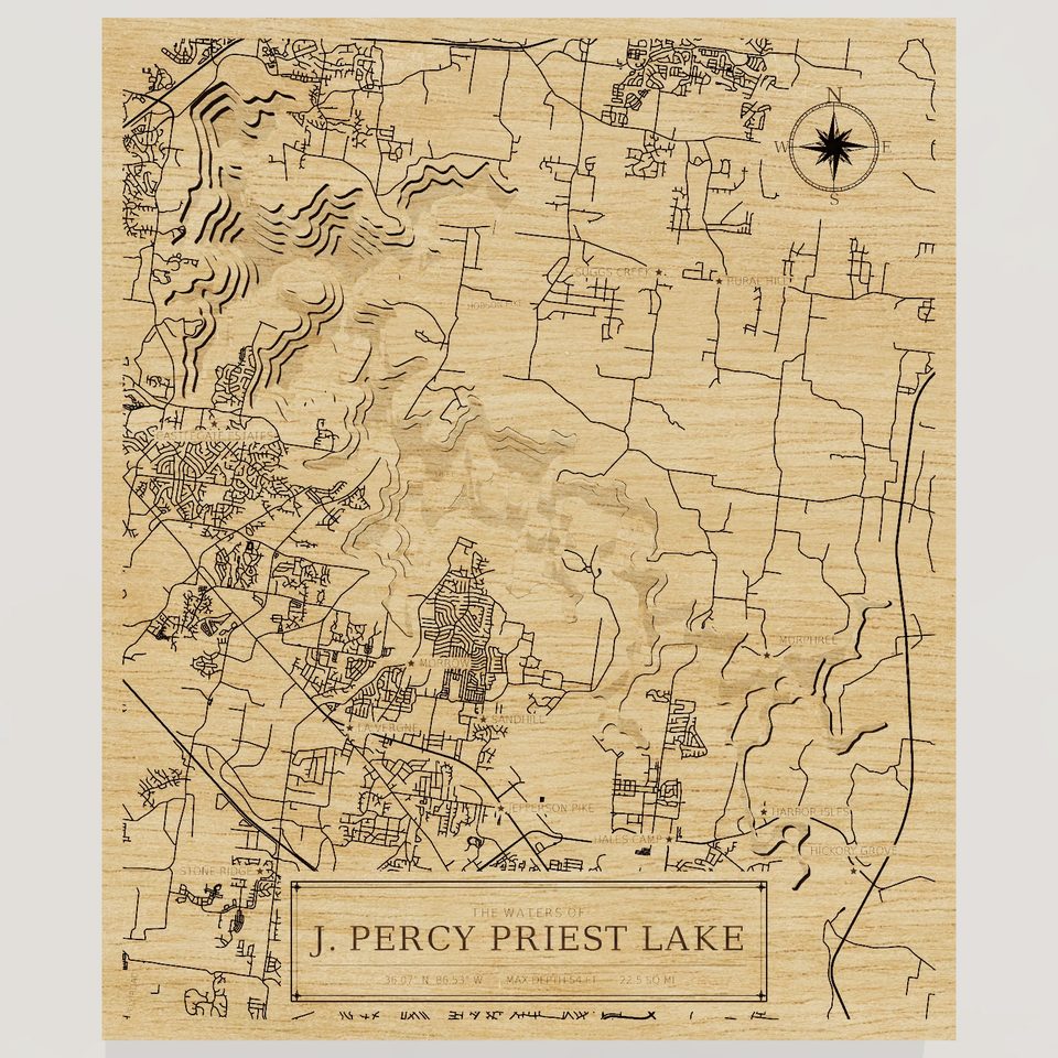 J. Percy Priest Lake 3D wood map, front view