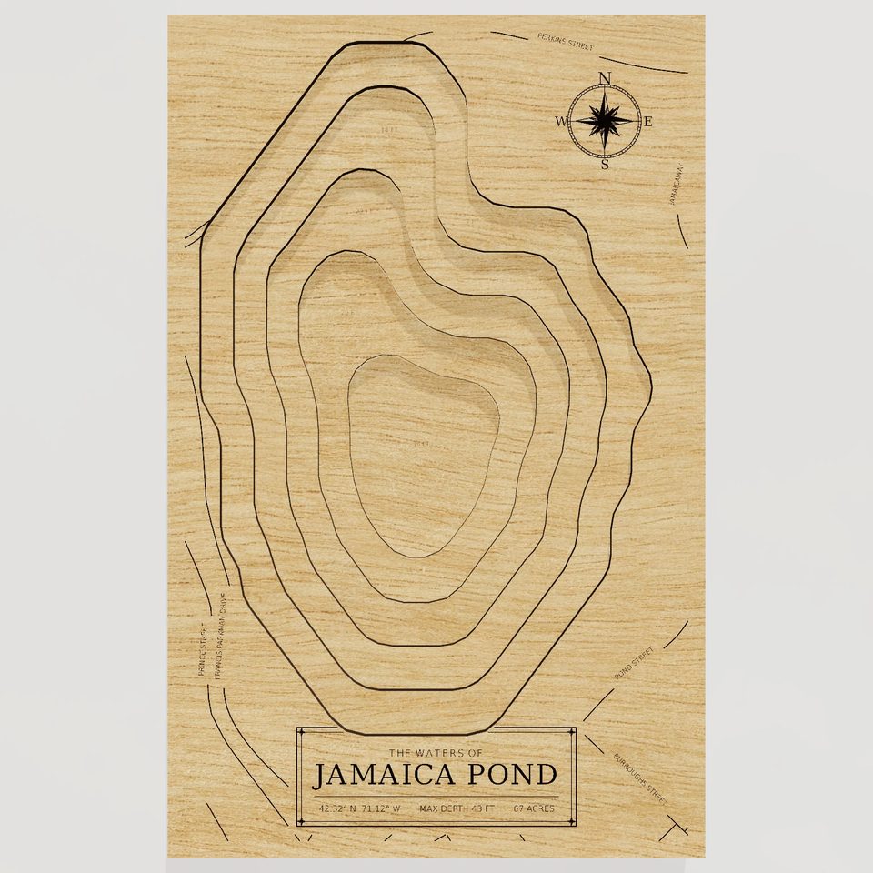 Jamaica Pond 3D wood map, front view